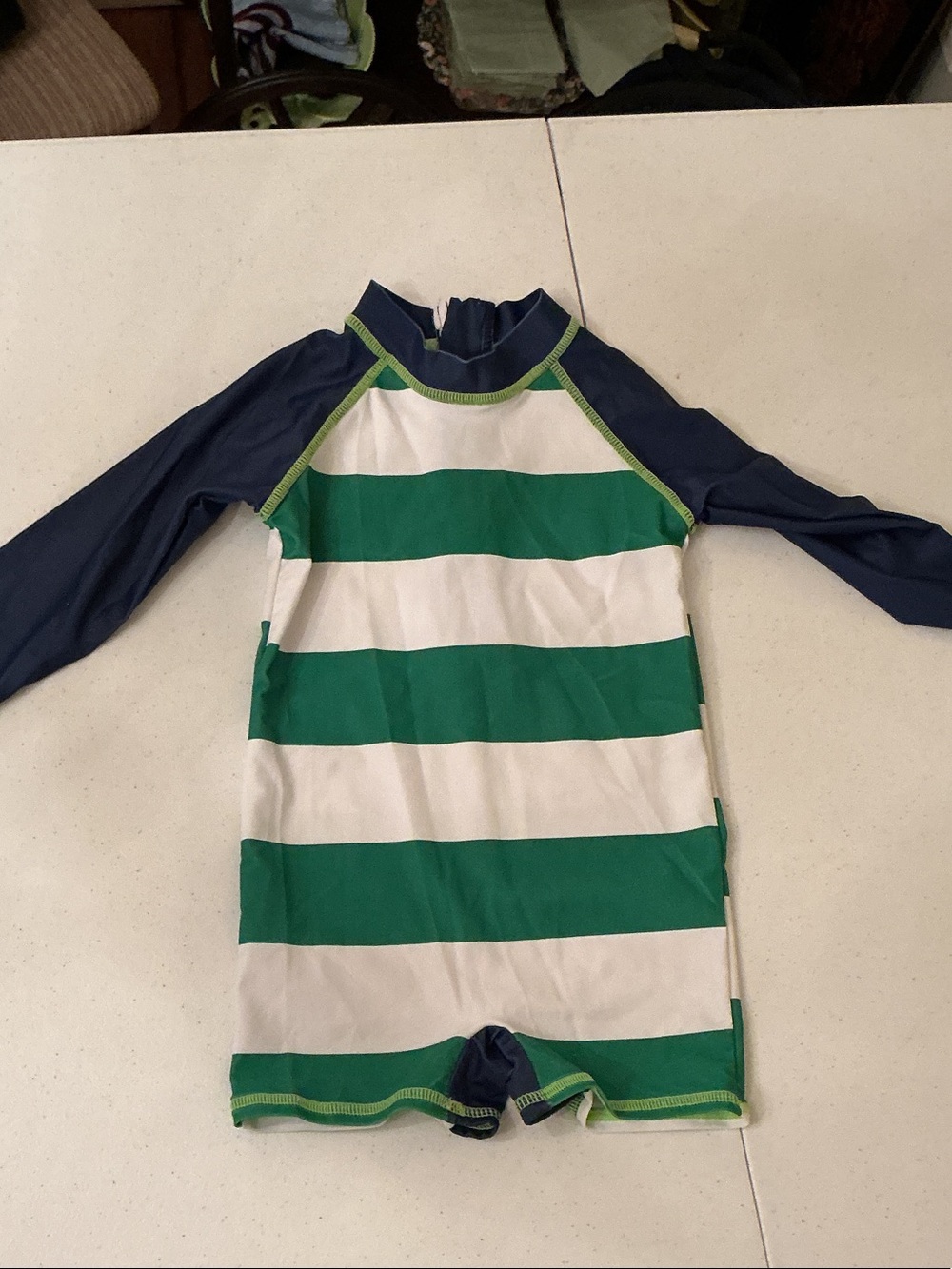 Kids Green & White Striped Rashguard Swimsuit with Navy Sleeves